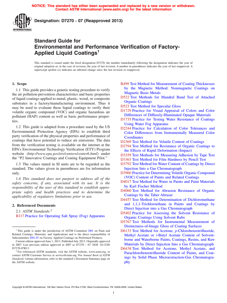 ASTM D7270-07(2013) - Standard Guide for Environmental and Performance Verification of Factory-Applied  Liquid Coatings