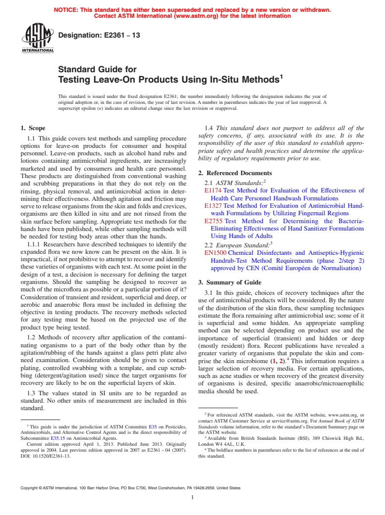 ASTM E2361-13 - Standard Guide for  Testing Leave-On Products Using In-Situ Methods