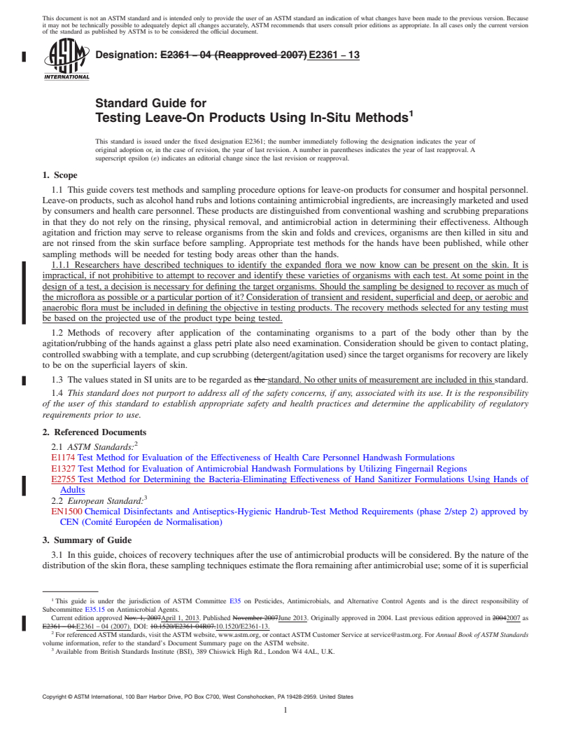 REDLINE ASTM E2361-13 - Standard Guide for  Testing Leave-On Products Using In-Situ Methods