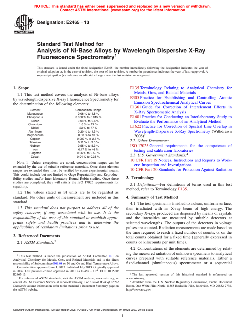 ASTM E2465-13 - Standard Test Method for  Analysis of Ni-Base Alloys by Wavelength Dispersive X-Ray Fluorescence  Spectrometry
