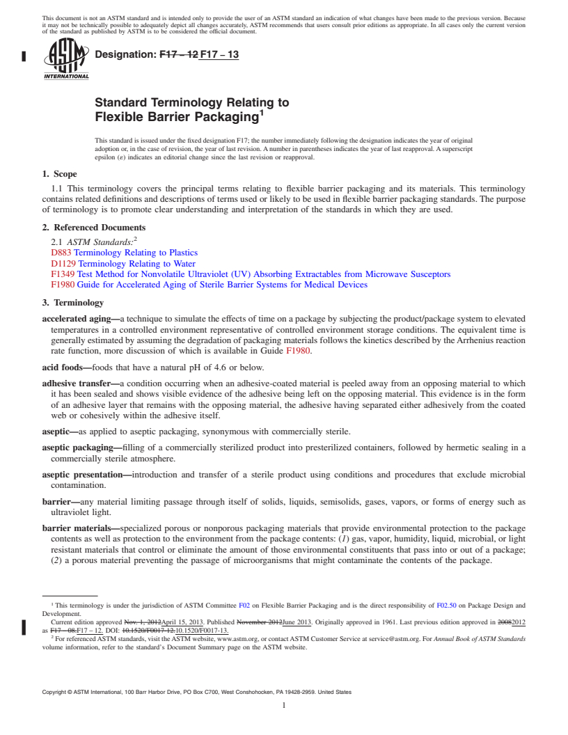 REDLINE ASTM F17-13 - Standard Terminology Relating to  Flexible Barrier Packaging