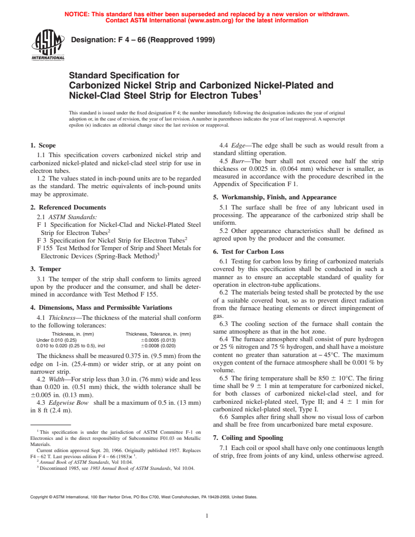 ASTM F4-66(1999) - Standard Specification for Carbonized Nickel Strip and Carbonized Nickel-Plated and Nickel-Clad Steel Strip for Electron Tubes