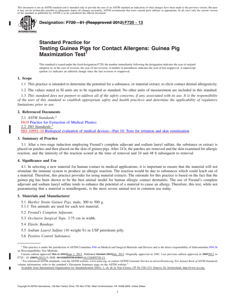 REDLINE ASTM F720-13 - Standard Practice for  Testing Guinea Pigs for Contact Allergens: Guinea Pig Maximization  Test