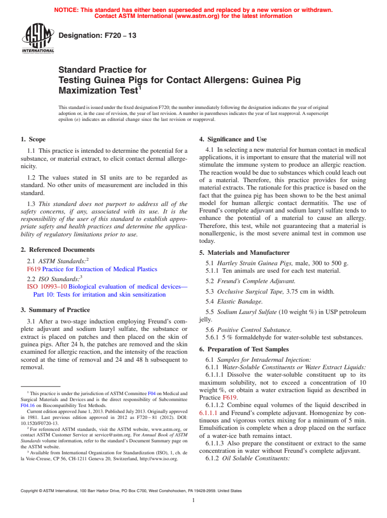 ASTM F720-13 - Standard Practice for  Testing Guinea Pigs for Contact Allergens: Guinea Pig Maximization  Test