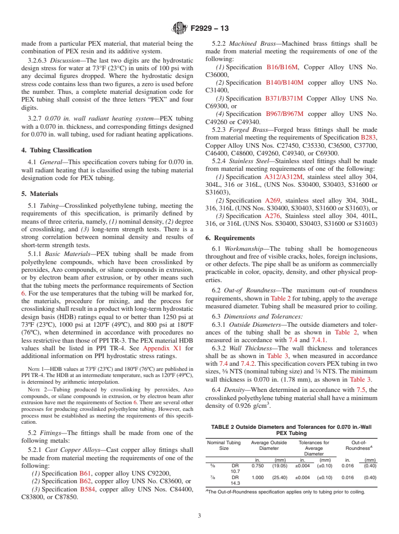 ASTM F2929-13 - Standard Specification for Crosslinked Polyethylene (PEX) Tubing of 0.070 in. Wall and  Fittings for Radiant Heating Systems up to 75 psig