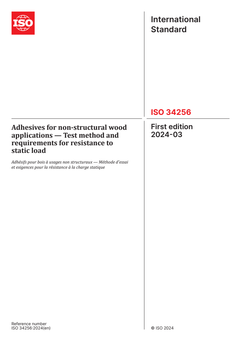 ISO 34256:2024 - Adhesives for non-structural wood applications — Test method and requirements for resistance to static load
Released:1. 03. 2024