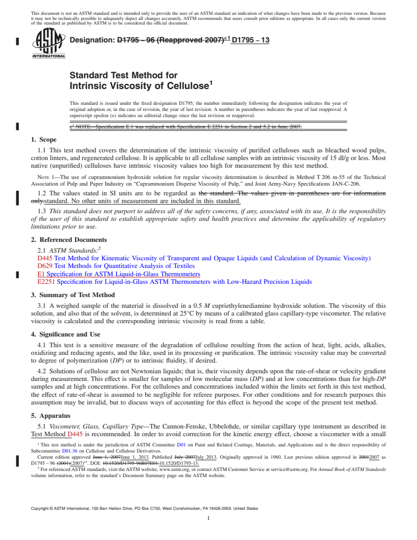 REDLINE ASTM D1795-13 - Standard Test Method for Intrinsic Viscosity of Cellulose