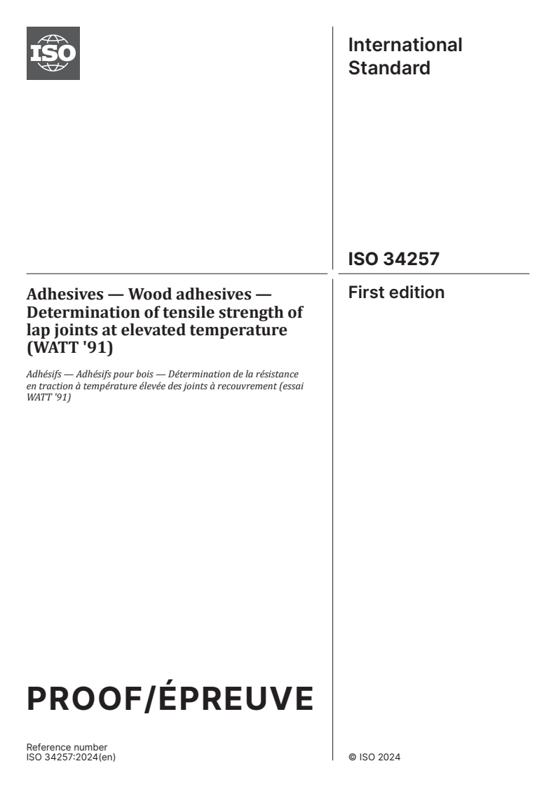 ISO/PRF 34257 - Adhesives — Wood adhesives — Determination of tensile strength of lap joints at elevated temperature (WATT '91)
Released:8. 01. 2024
