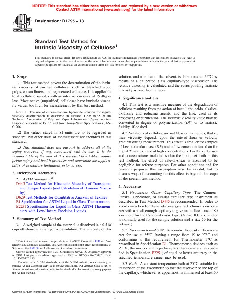 ASTM D1795-13 - Standard Test Method for Intrinsic Viscosity of Cellulose