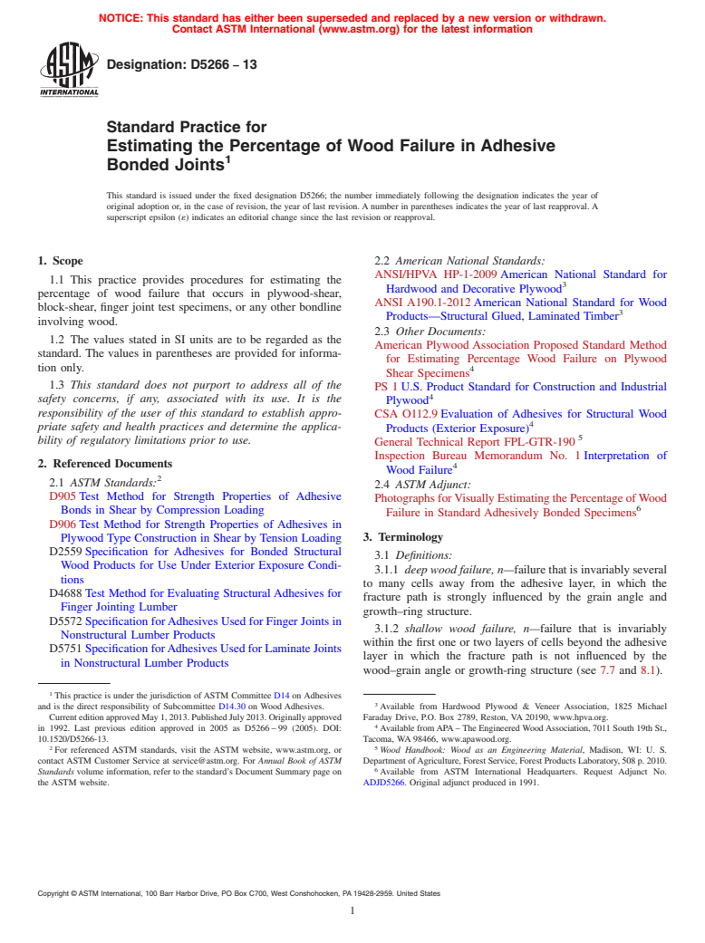 ASTM D5266-13 - Standard Practice for Estimating the Percentage of Wood Failure in Adhesive Bonded  Joints