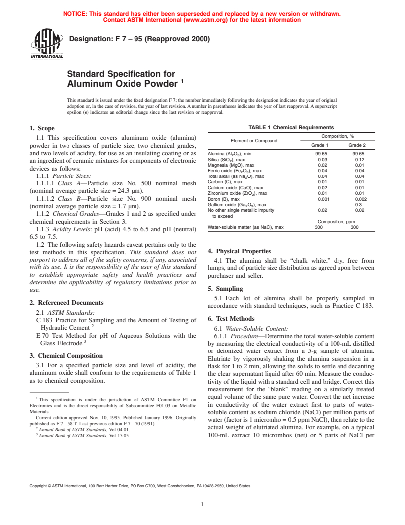 ASTM F7-95(2000) - Standard Specification for Aluminum Oxide Powder