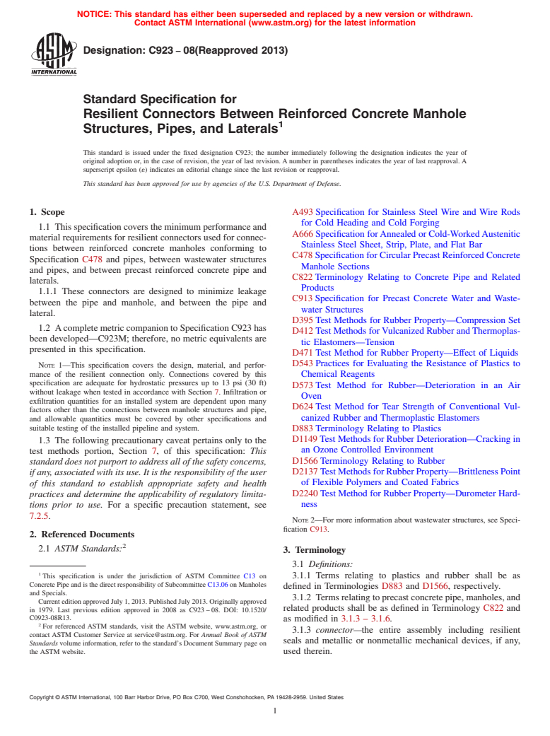 ASTM C923-08(2013) - Standard Specification for  Resilient Connectors Between Reinforced Concrete Manhole Structures,  Pipes, and Laterals