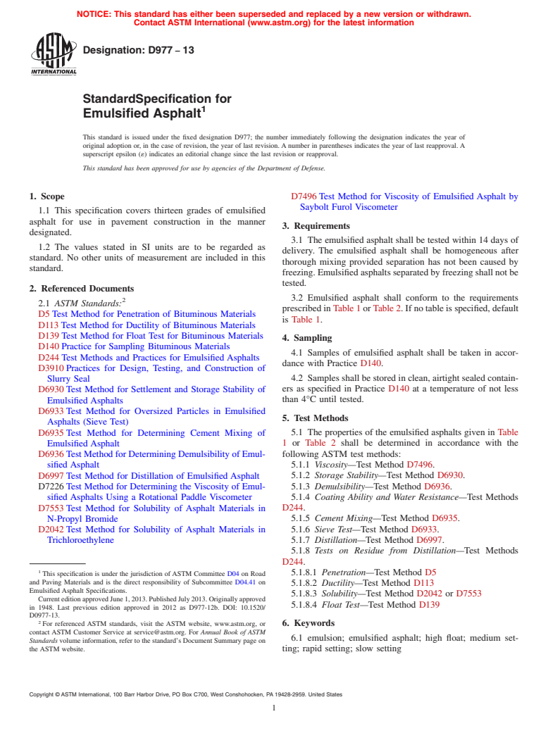ASTM D977-13 - Standard Specification for  Emulsified Asphalt