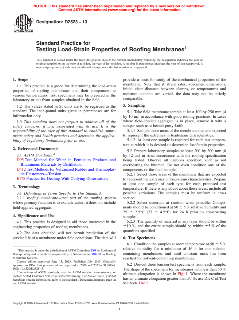 ASTM D2523-13 - Standard Practice for  Testing Load-Strain Properties of Roofing Membranes