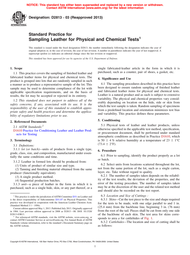 ASTM D2813-03(2013) - Standard Practice for  Sampling Leather for Physical and Chemical Tests