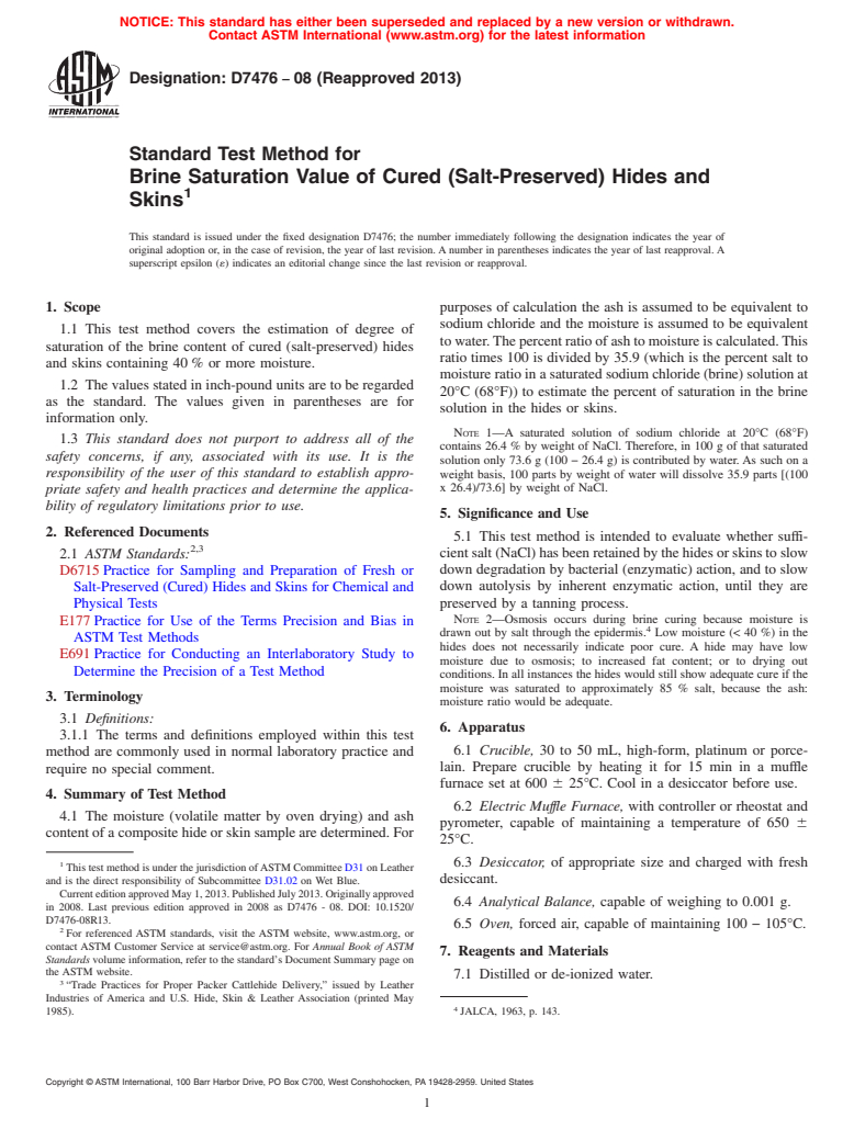 ASTM D7476-08(2013) - Standard Test Method for  Brine Saturation Value of Cured (Salt-Preserved) Hides and  Skins