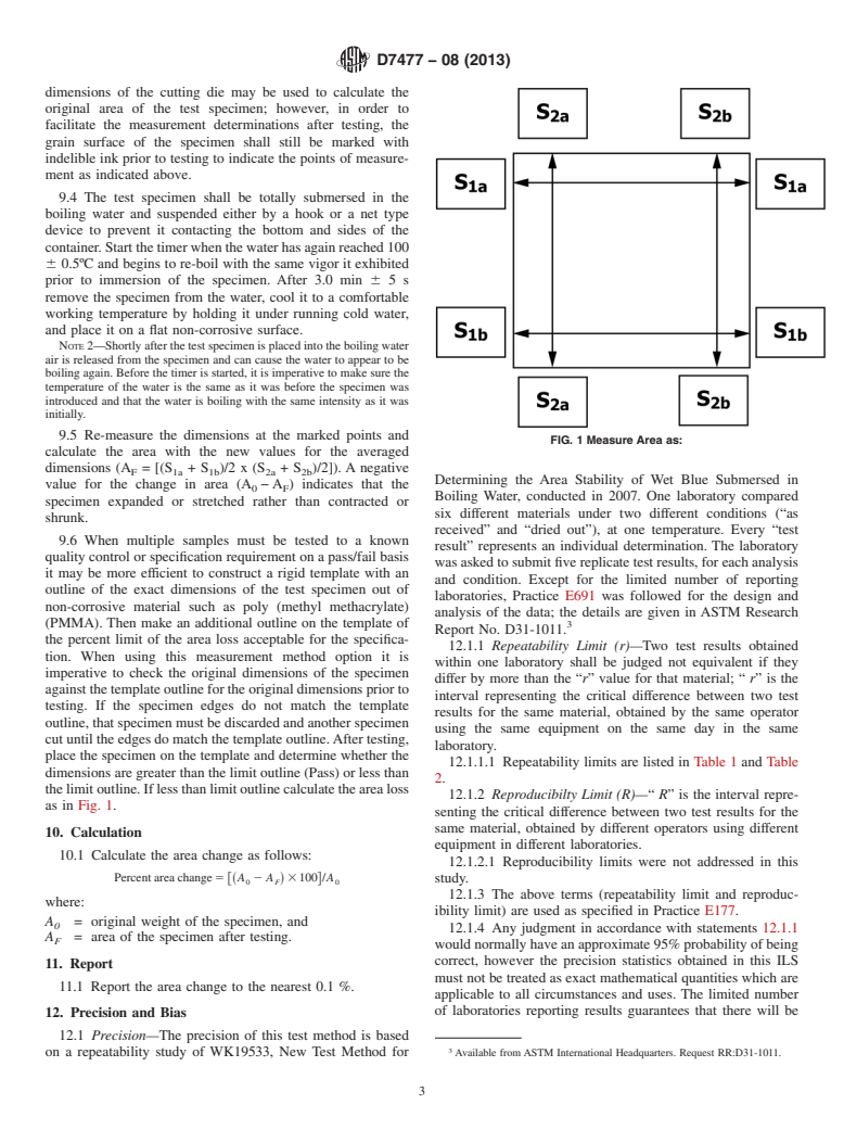 ASTM D7477-08(2013) - Standard Test Method for  Determining the Area Stability of Wet Blue Submersed in Boiling  Water