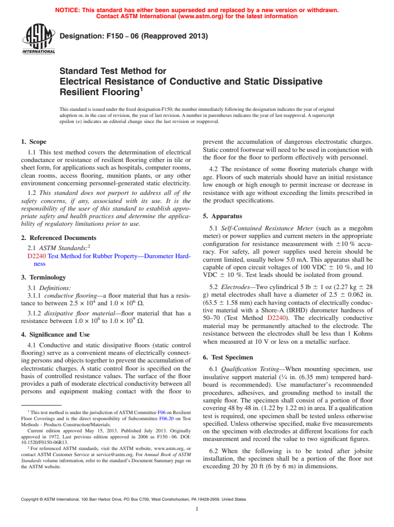 ASTM F150-06(2013) - Standard Test Method for  Electrical Resistance of Conductive and Static Dissipative  Resilient Flooring