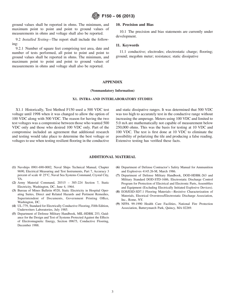 ASTM F150-06(2013) - Standard Test Method for  Electrical Resistance of Conductive and Static Dissipative  Resilient Flooring