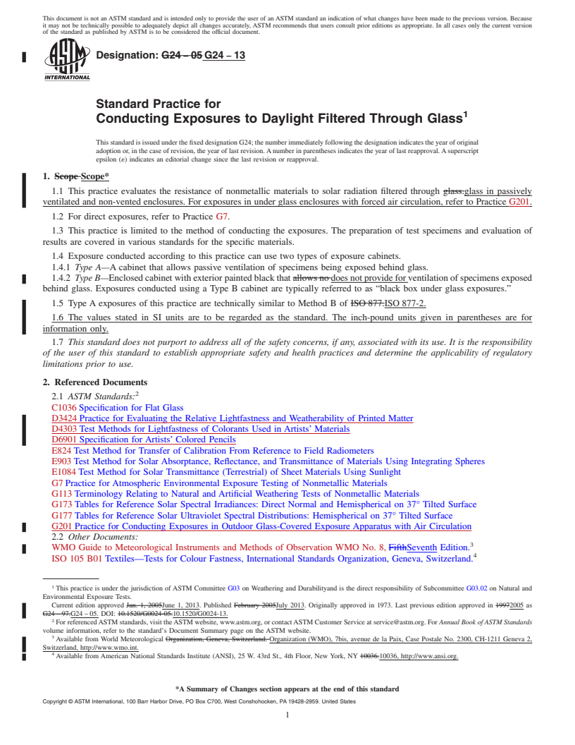 REDLINE ASTM G24-13 - Standard Practice for  Conducting Exposures to Daylight Filtered Through Glass