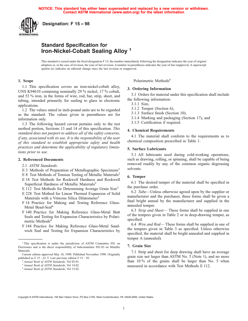 ASTM F15-98 - Standard Specification for Iron-Nickel-Cobalt Sealing Alloy