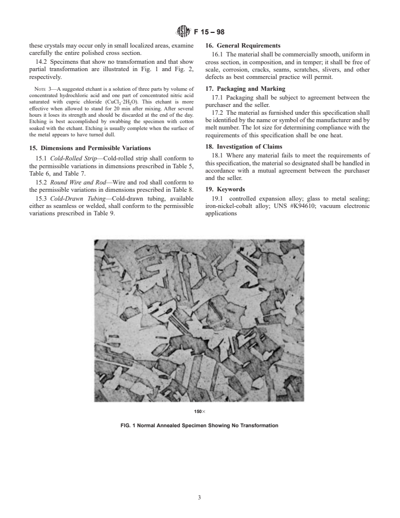 ASTM F15-98 - Standard Specification for Iron-Nickel-Cobalt Sealing Alloy