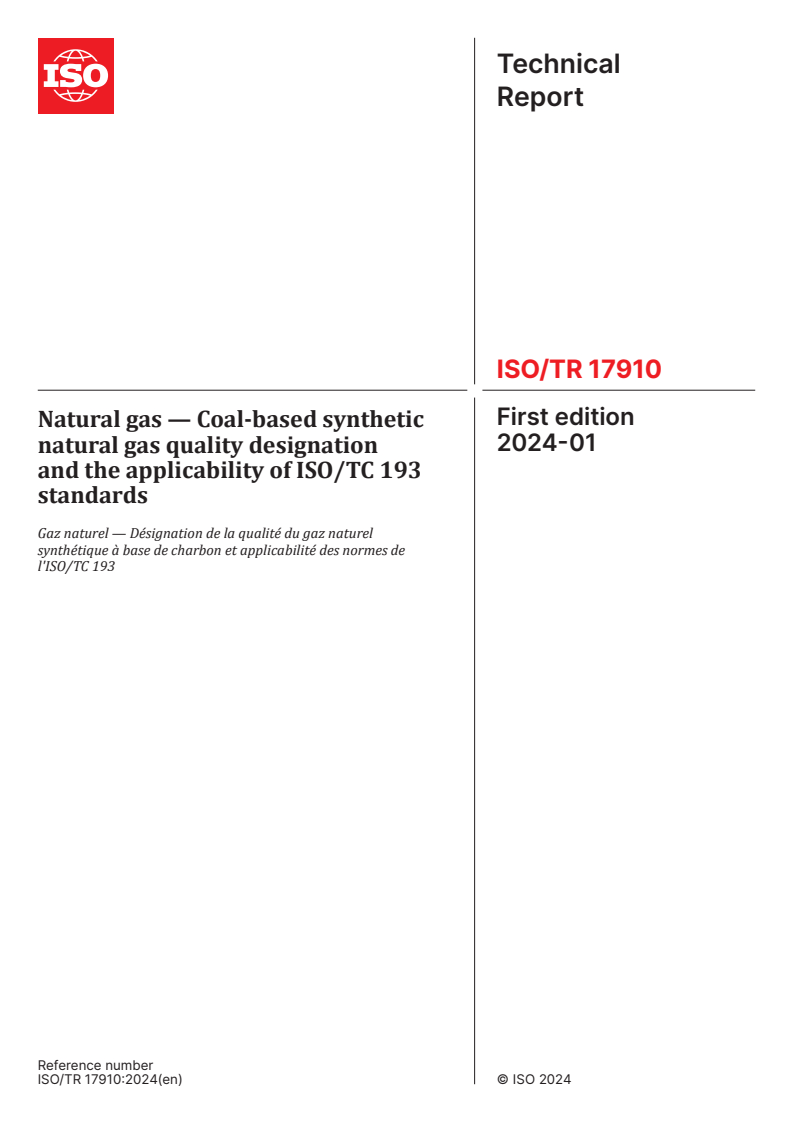 ISO/TR 17910:2024 - Natural gas — Coal-based synthetic natural gas quality designation and the applicability of ISO/TC 193 standards
Released:4. 01. 2024