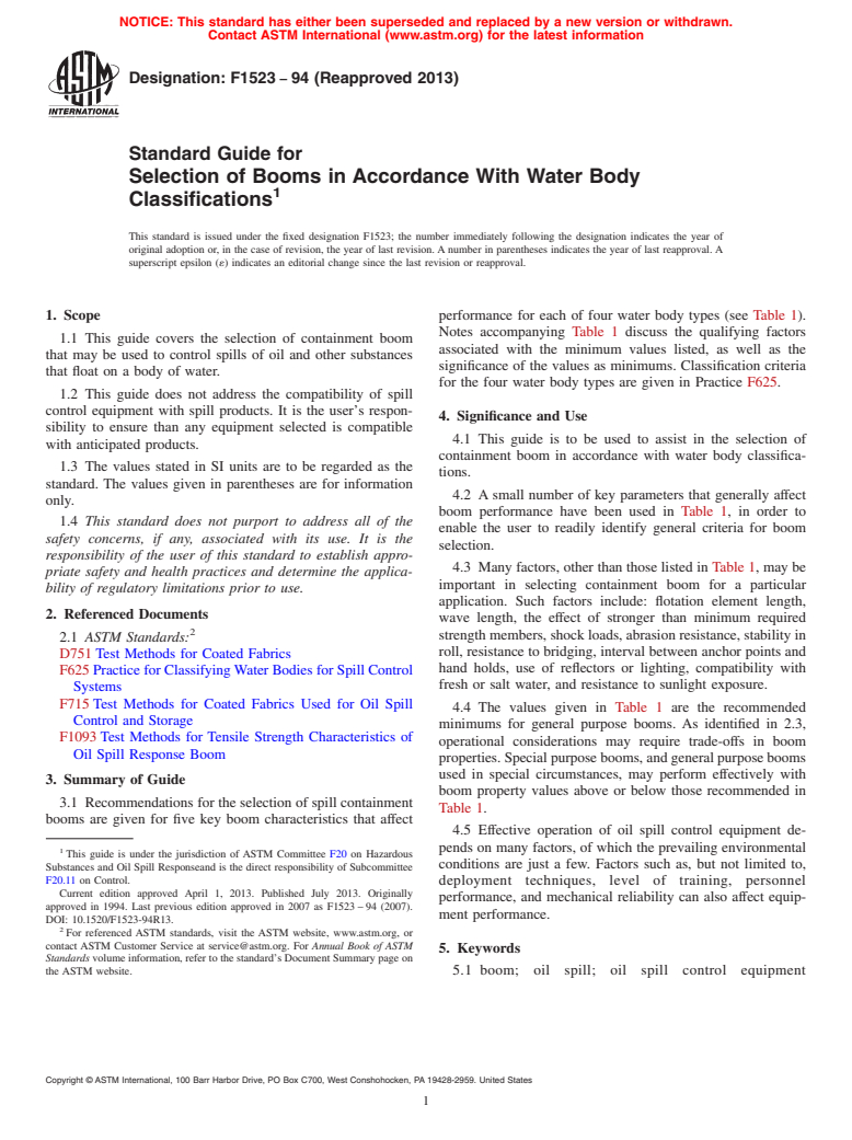 ASTM F1523-94(2013) - Standard Guide for  Selection of Booms in Accordance With Water Body Classifications