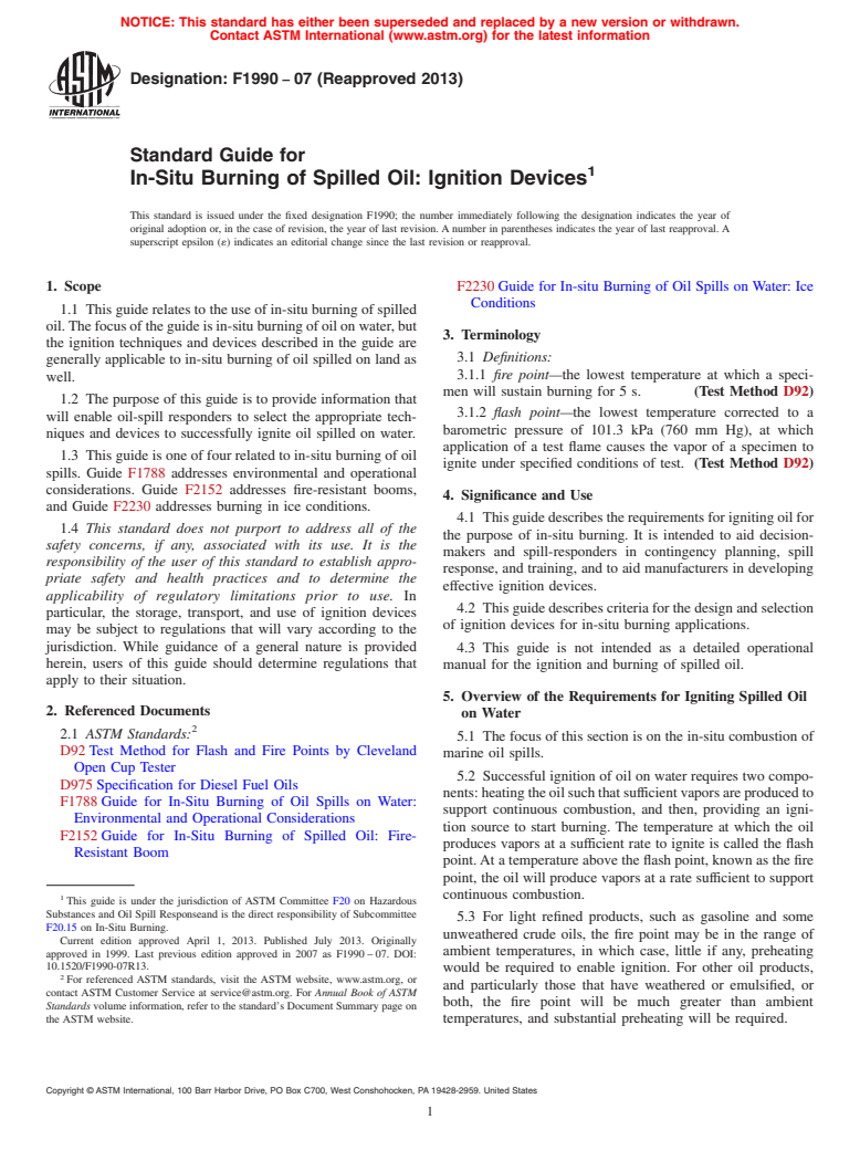 ASTM F1990-07(2013) - Standard Guide for  In-Situ Burning of Spilled Oil: Ignition Devices