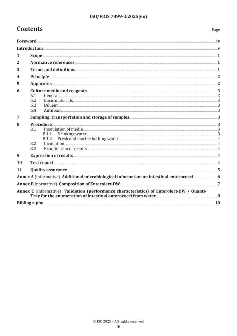 ISO/FDIS 7899-3 - Water quality — Enumeration of intestinal enterococci — Part 3: Most probable number method
Released:27. 02. 2025