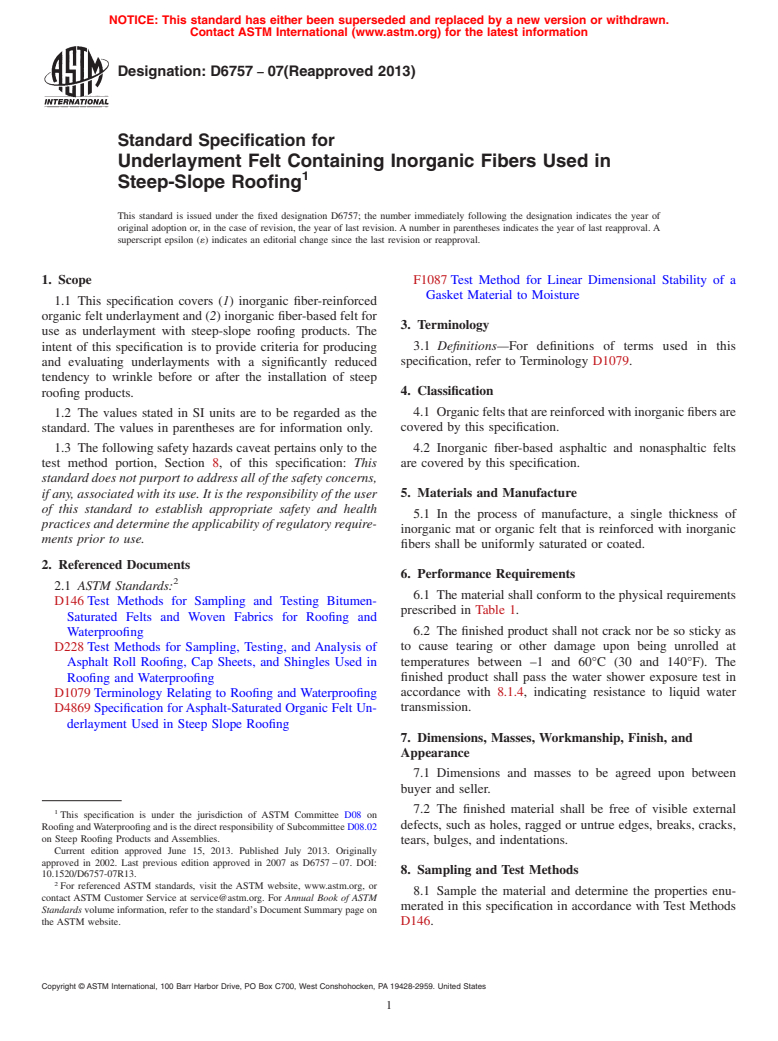 ASTM D6757-07(2013) - Standard Specification for  Underlayment Felt Containing Inorganic Fibers Used in Steep-Slope  Roofing