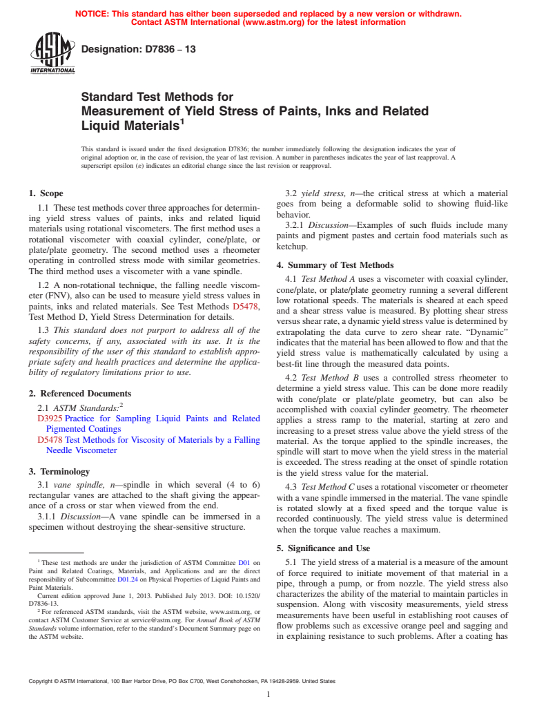 ASTM D7836-13 - Standard Test Methods for  Measurement of Yield Stress of Paints, Inks and Related Liquid  Materials