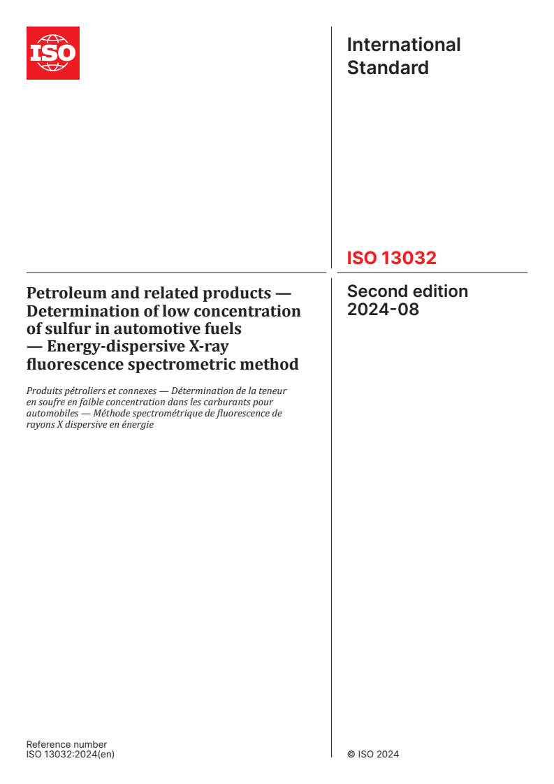 ISO 13032:2024 - Petroleum and related products — Determination of low concentration of sulfur in automotive fuels — Energy-dispersive X-ray fluorescence spectrometric method
Released:15. 08. 2024