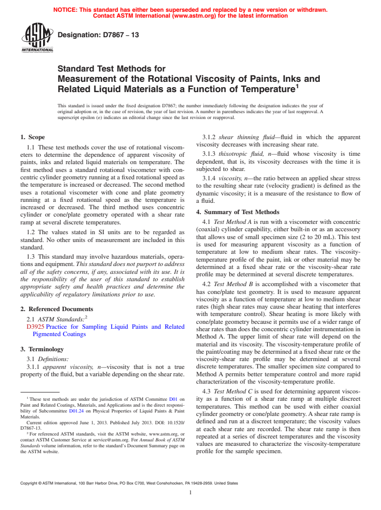 ASTM D7867-13 - Standard Test Methods for Measurement of the Rotational Viscosity of Paints, Inks and  Related Liquid Materials as a Function of Temperature