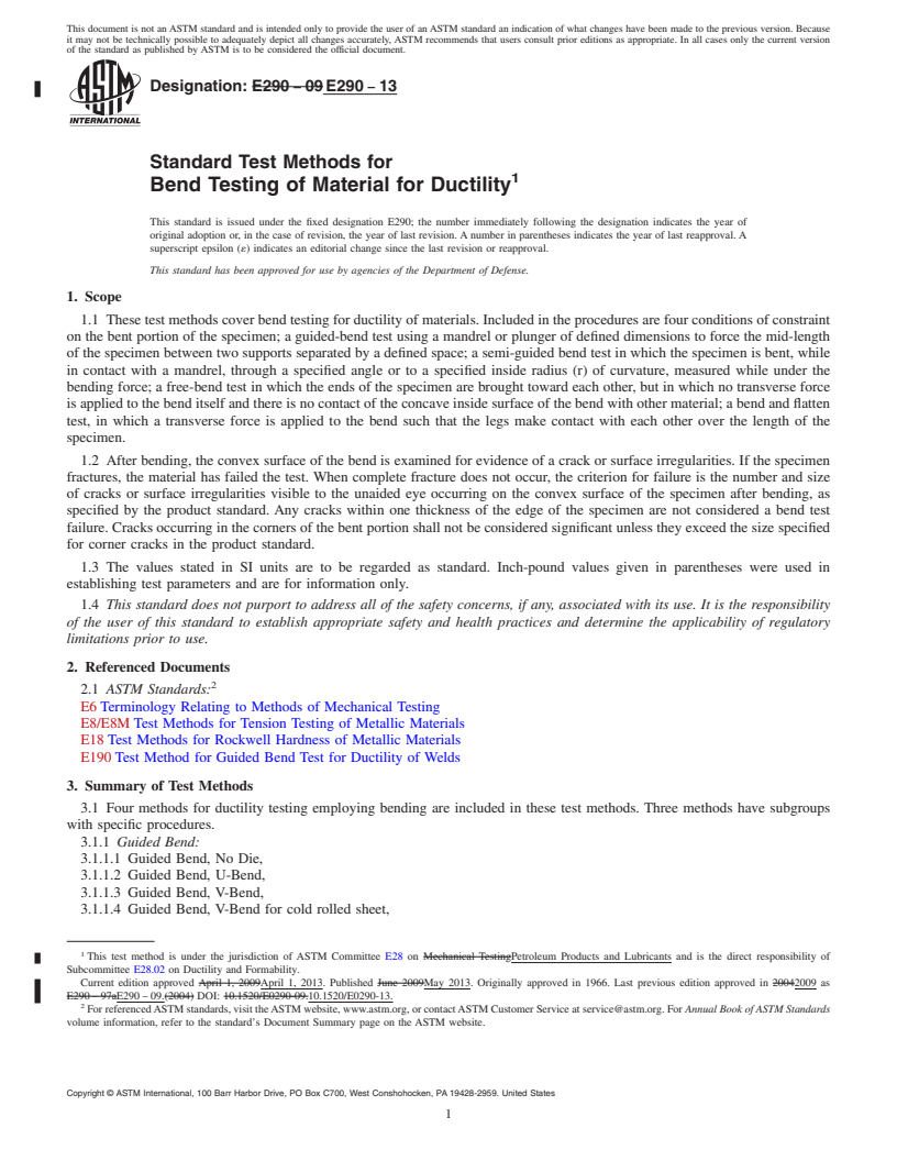 REDLINE ASTM E290-13 - Standard Test Methods for  Bend Testing of Material for Ductility