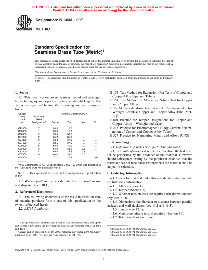 ASTM B135M-00e1 - Standard Specification for Seamless Brass Tube [Metric]