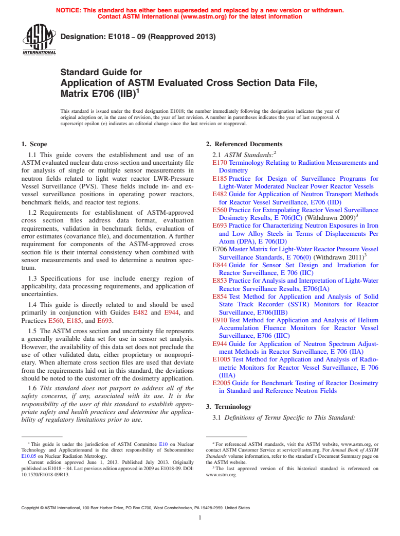 ASTM E1018-09(2013) - Standard Guide for  Application of ASTM Evaluated Cross Section Data File, Matrix  E706 (IIB)