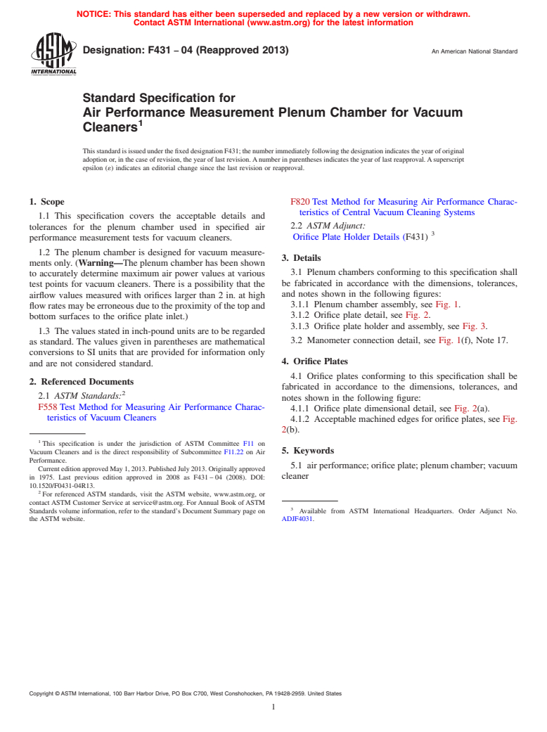 ASTM F431-04(2013) - Standard Specification for<brk type="line"/>  Air Performance Measurement Plenum Chamber for Vacuum Cleaners