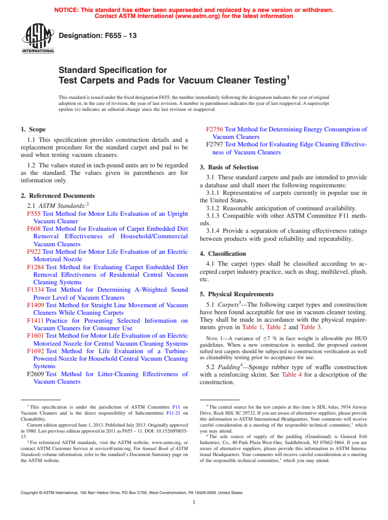 ASTM F655-13 - Standard Specification for  Test Carpets and Pads for Vacuum Cleaner Testing (Withdrawn 2022)