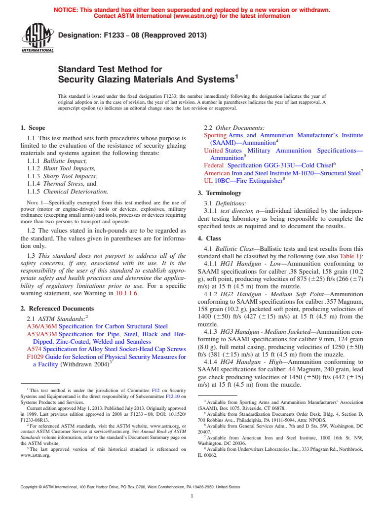 ASTM F1233-08(2013) - Standard Test Method for  Security Glazing Materials And Systems