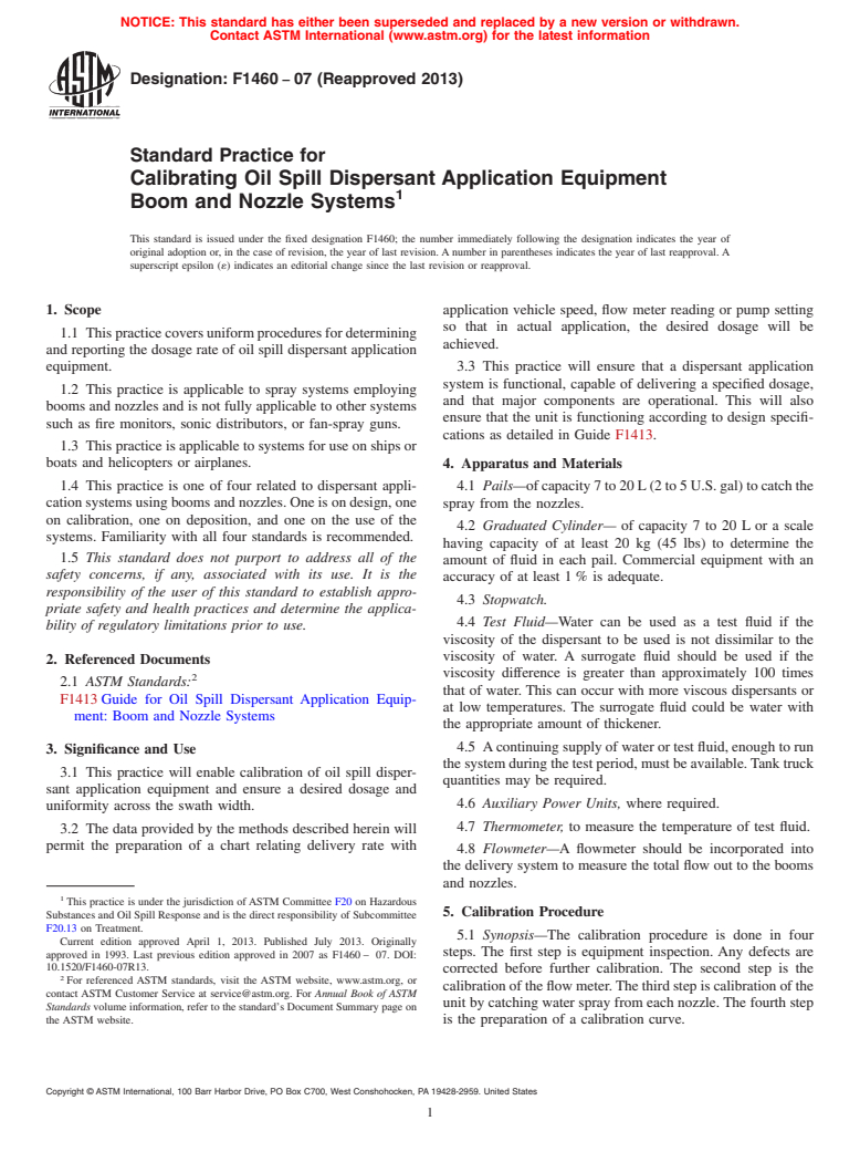 ASTM F1460-07(2013) - Standard Practice for  Calibrating Oil Spill Dispersant Application Equipment Boom  and Nozzle Systems