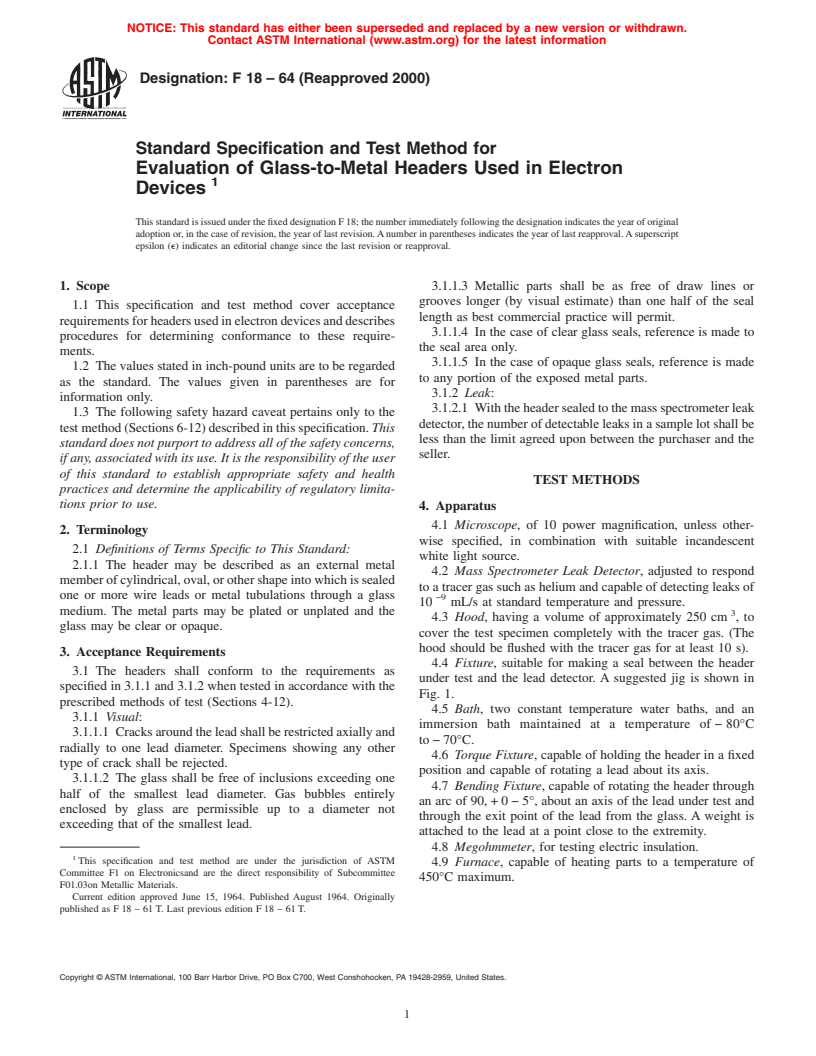 ASTM F18-64(2000) - Standard Specification and Test Method for Evaluation of Glass-to-Metal Headers Used in Electron Devices