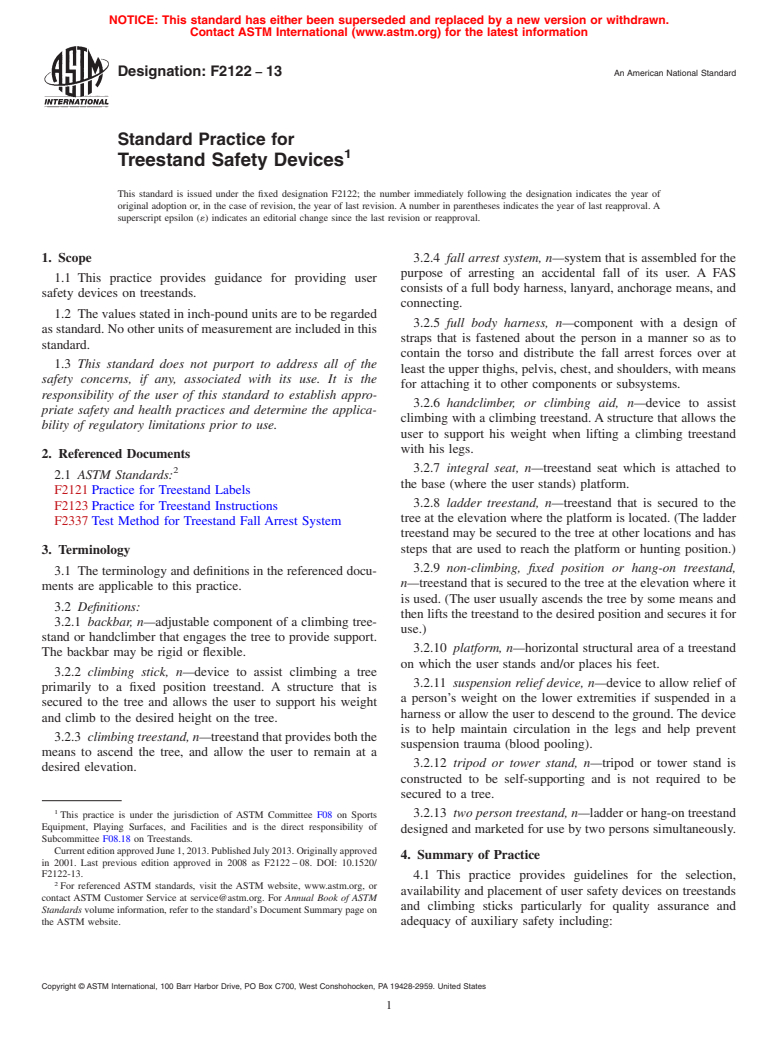 ASTM F2122-13 - Standard Practice for  Treestand Safety Devices (Withdrawn 2017)