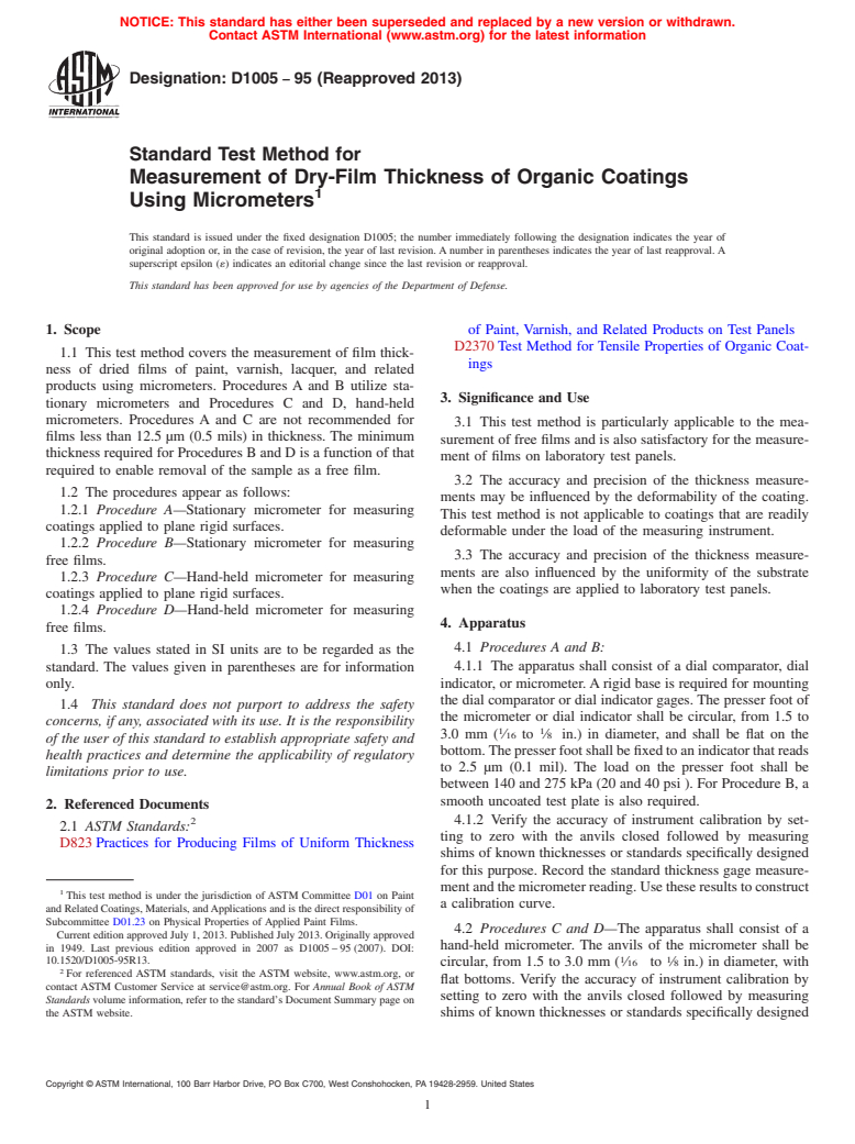 ASTM D1005-95(2013) - Standard Test Method for Measurement of Dry-Film Thickness of Organic Coatings Using  Micrometers