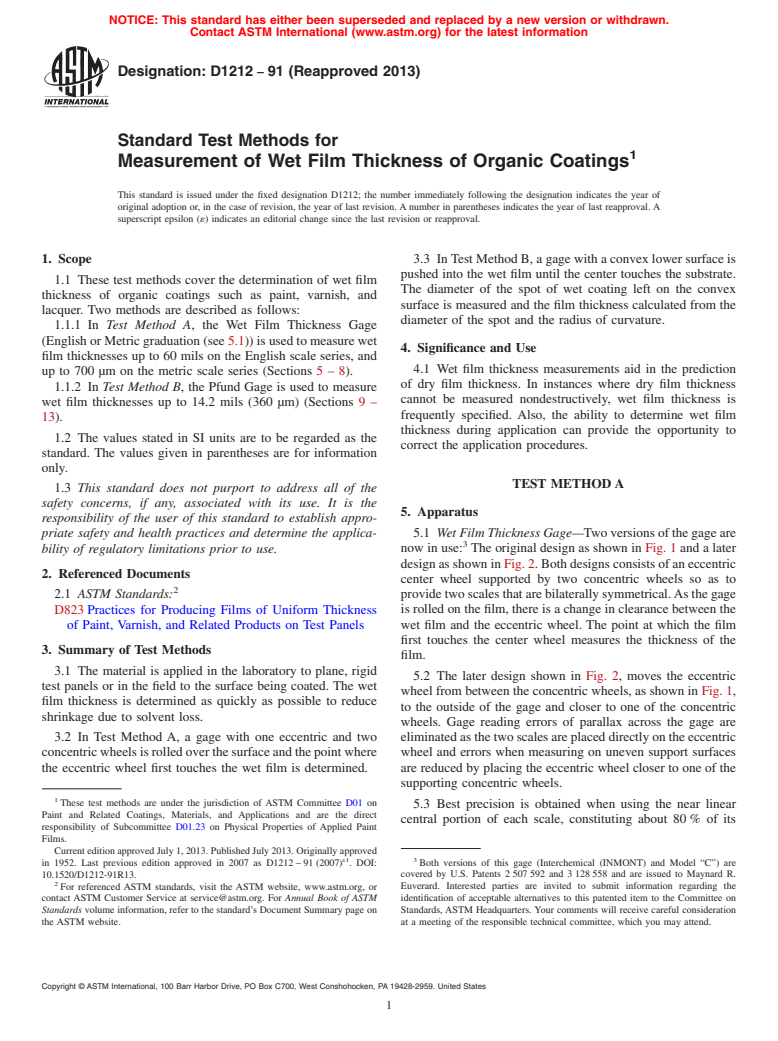 ASTM D1212-91(2013) - Standard Test Methods for Measurement of Wet Film Thickness of Organic Coatings
