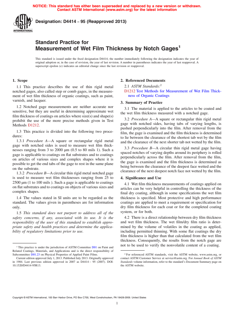 ASTM D4414-95(2013) - Standard Practice for Measurement of Wet Film Thickness by Notch Gages