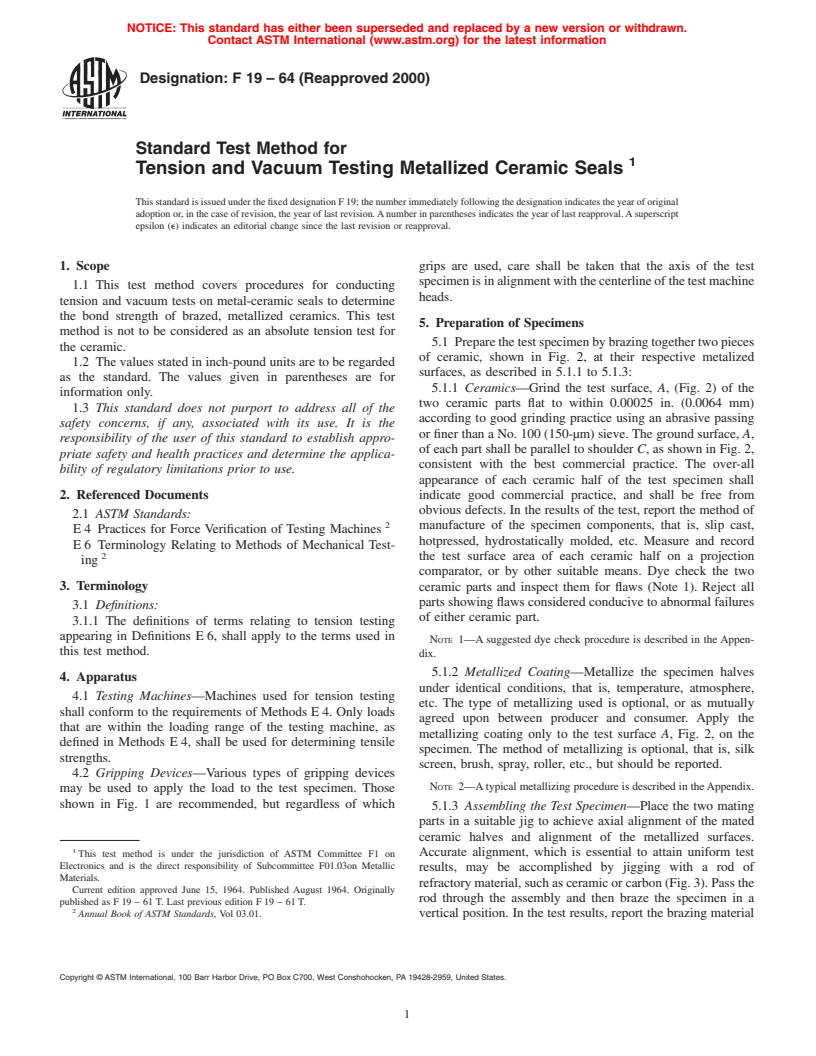 ASTM F19-64(2000) - Standard Test Method for Tension and Vacuum Testing Metallized Ceramic Seals