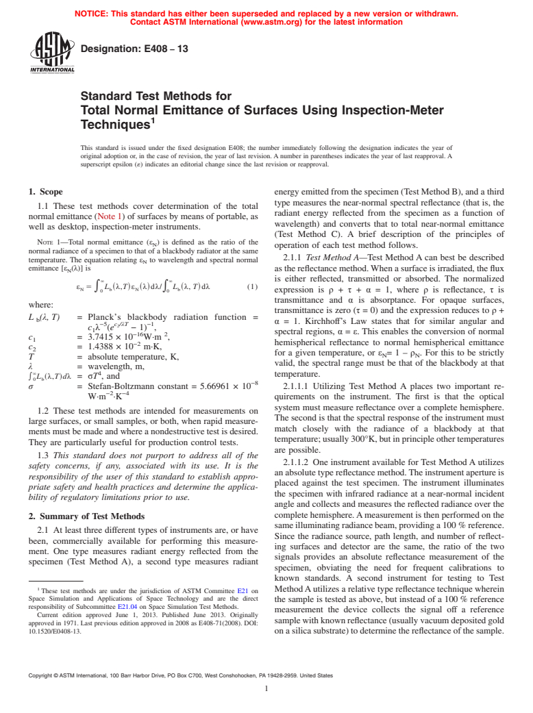 ASTM E408-13 - Standard Test Methods for Total Normal Emittance of Surfaces Using Inspection-Meter Techniques