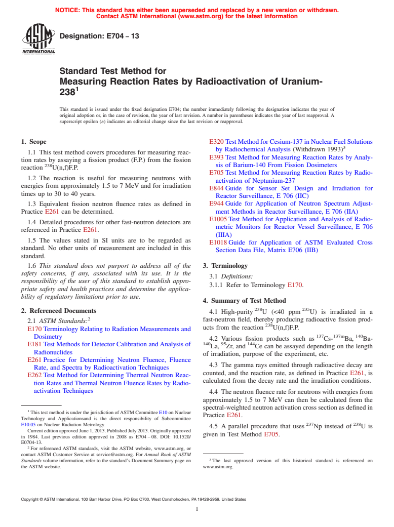 ASTM E704-13 - Standard Test Method for  Measuring Reaction Rates by Radioactivation of Uranium-238