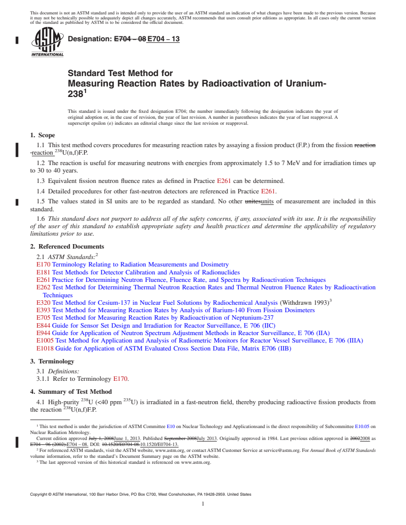 REDLINE ASTM E704-13 - Standard Test Method for  Measuring Reaction Rates by Radioactivation of Uranium-238